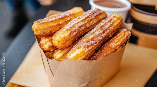 Freshly fried churros being dusted with cinnamon sugar, hot chocolate on display, street food market, dessert advertising
