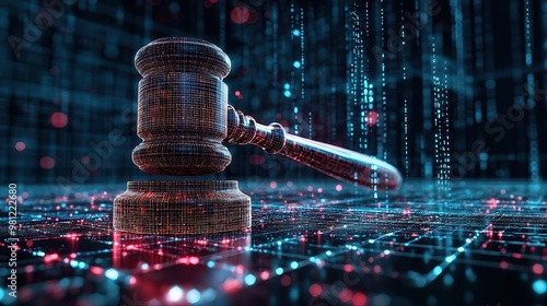 A digital gavel symbolizing law and justice, surrounded by abstract data streams, representing the intersection of technology and legal systems.