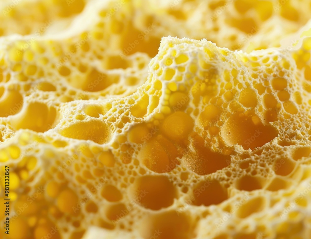 Close up of textured yellow sponge surface, featuring intricate patterns and airy bubbles, creating a unique natural abstract Ideal for backgrounds or nature themed projects Close up of textured yellow sponge surface, featuring intricate patterns and airy bubbles, creating a unique natural abstract Ideal for backgrounds or nature themed projects