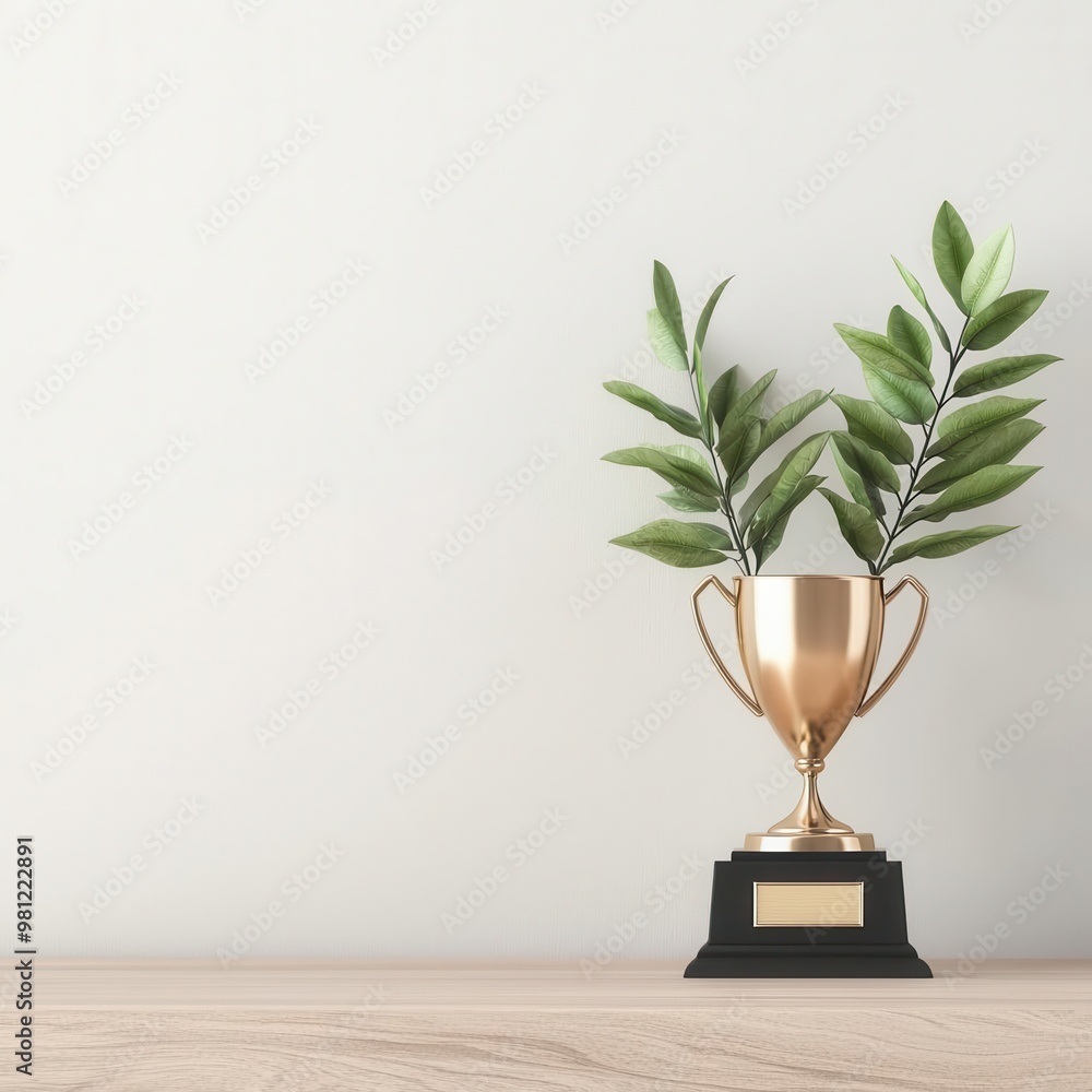 Business achievement, trophy on a desk, 3D illustration, copy space for text, Business achievement, trophy on a desk, 3D illustration, copy space for text,