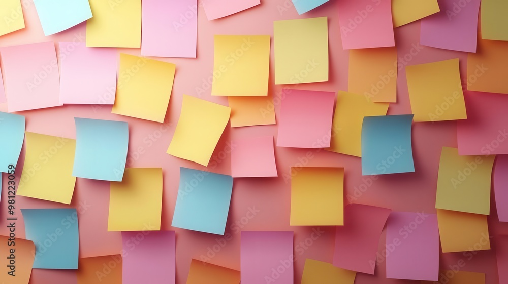 Business brainstorming session, sticky notes on a wall, 3D illustration, copy space for text, Business brainstorming session, sticky notes on a wall, 3D illustration, copy space for text,