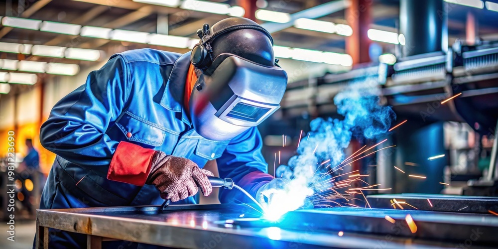 Industrial welder working on automotive part in factory, welder, industrial, automotive, part, factory, manufacturing Industrial welder working on automotive part in factory, welder, industrial, automotive, part, factory, manufacturing