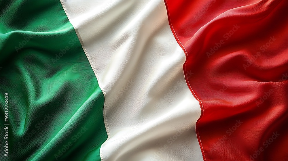 Fototapeta premium The Italian flag waves gracefully, its green, white, and red colors rich with texture.