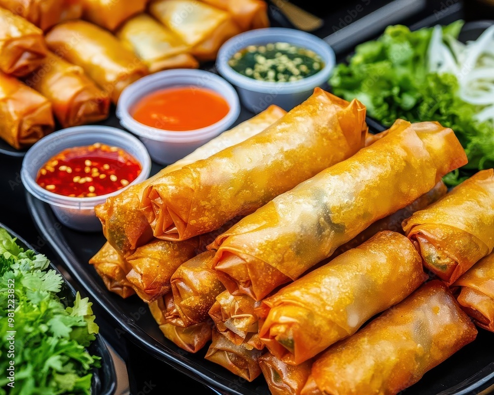 Busy street food market with freshly made spring rolls, dipping sauces displayed, street food market, Asian street food advertising Busy street food market with freshly made spring rolls, dipping sauces displayed, street food market, Asian street food advertising