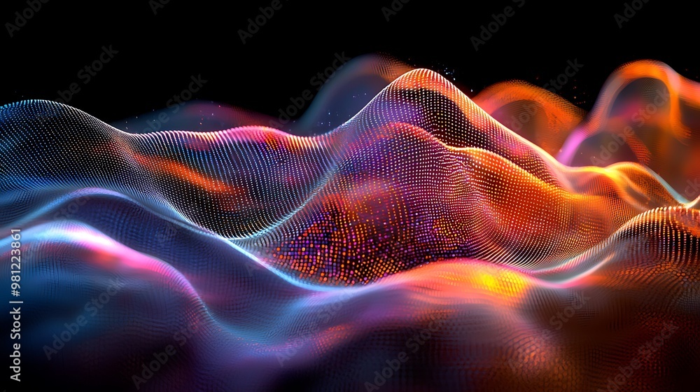 Fototapeta premium A digital wave pulses with energy, representing futuristic technology, AI, and network connections.