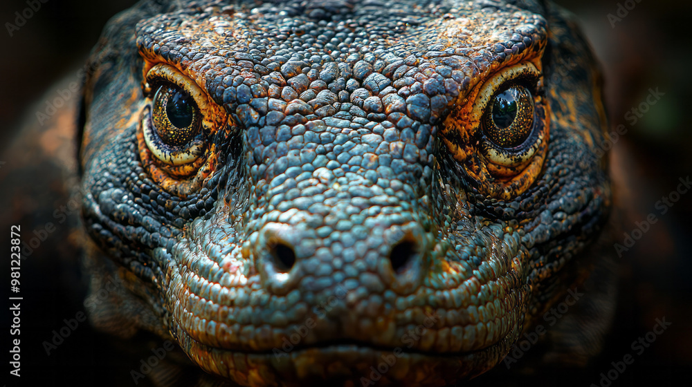 Fototapeta premium A close-up headshot of a Komodo dragon, its rough, scaly skin and sharp eyes staring intently,