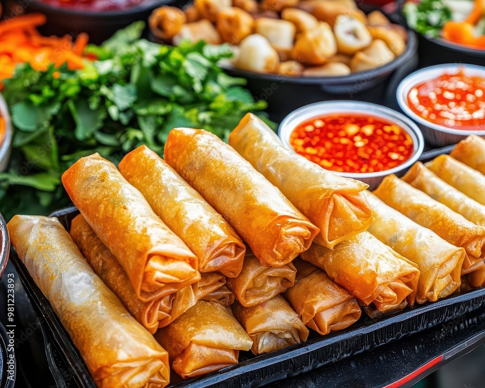 Busy street food market with freshly made spring rolls, dipping sauces displayed, street food market, Asian street food advertising Busy street food market with freshly made spring rolls, dipping sauces displayed, street food market, Asian street food advertising