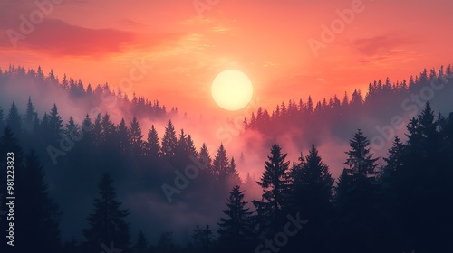 The sun sets over a fog-covered forest, casting an ethereal glow over the landscape.