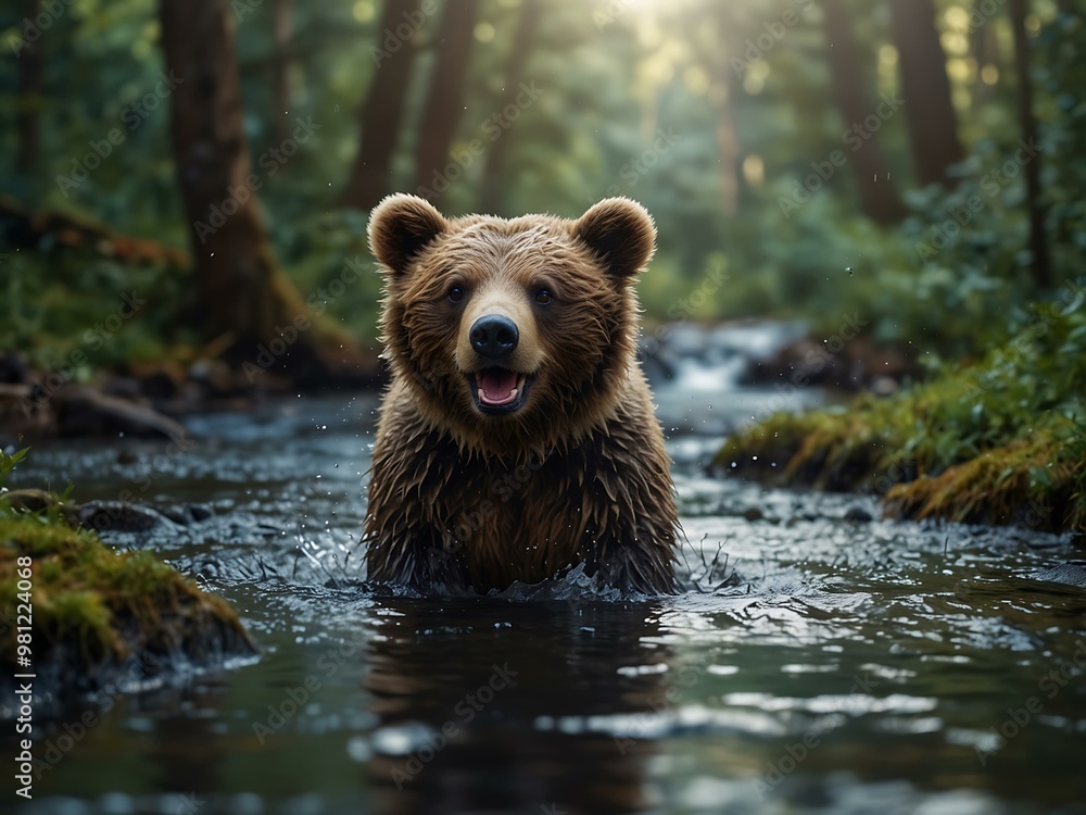 Cartoon bear cub splashing joyfully in a magical forest stream. Cartoon bear cub splashing joyfully in a magical forest stream.