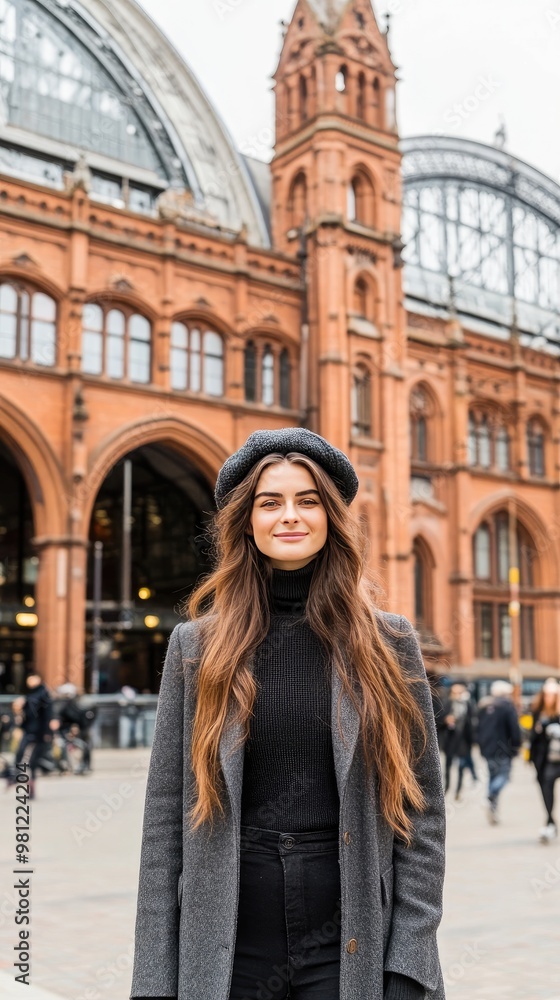 Obraz premium An elegant woman walks through bustling city streets, exuding confidence while wearing a grey wool coat and a stylish black hat adorned with buttons