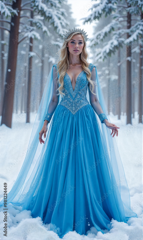 Dressed in an elegant blue gown, a woman with long blonde hair stands amidst a snowy forest, surrounded by tall trees, evoking a tranquil winter atmosphere. Dressed in an elegant blue gown, a woman with long blonde hair stands amidst a snowy forest, surrounded by tall trees, evoking a tranquil winter atmosphere.