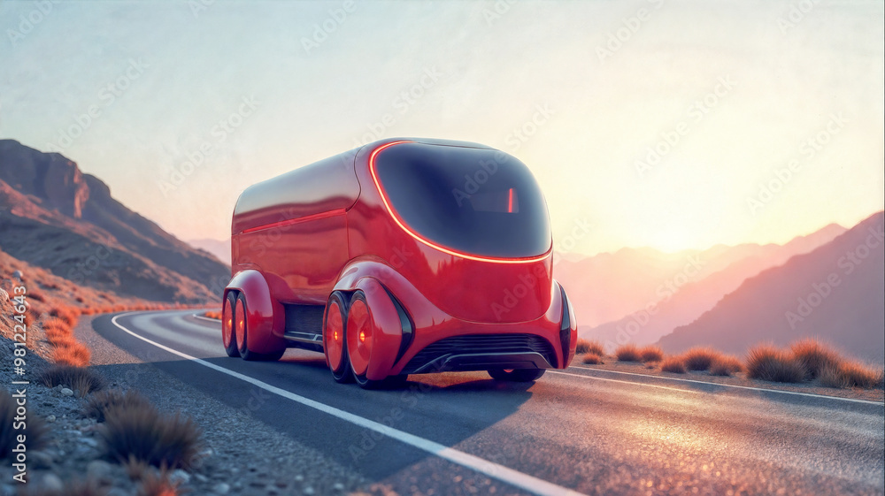 Fototapeta premium A sleek, red autonomous vehicle glides along a curvy mountain road at sunrise, surrounded by dramatic peaks and soft morning light illuminating the horizon.