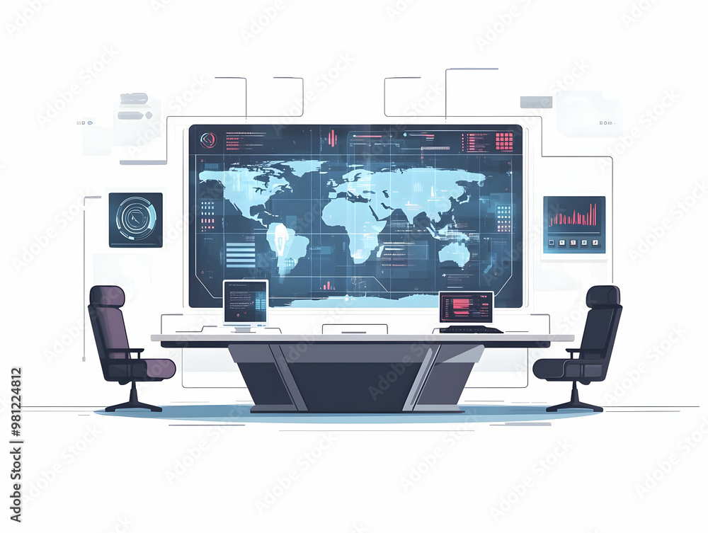 Flat Vector Illustration of a Campaign War Room: Close-Up of Holographic Strategy Maps and Data Points for Effective Political Messaging