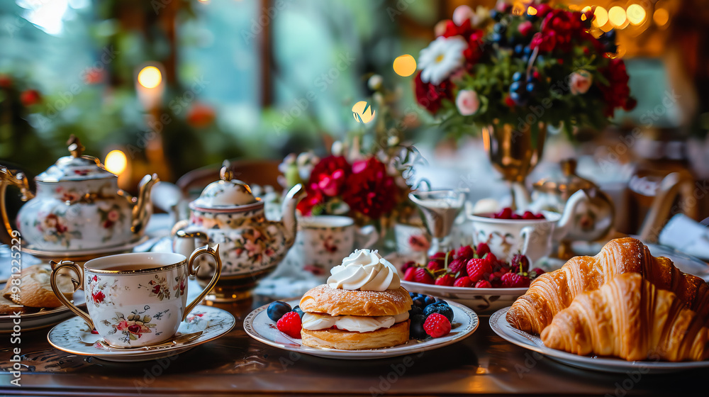 Breakfast in Bloom. Croissant, Cake, and Flowers Breakfast in Bloom. Croissant, Cake, and Flowers