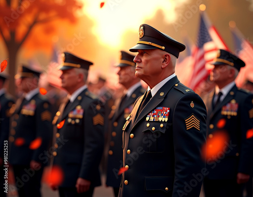 Veterans in military attire march with American flag during Veterans day tribute parade