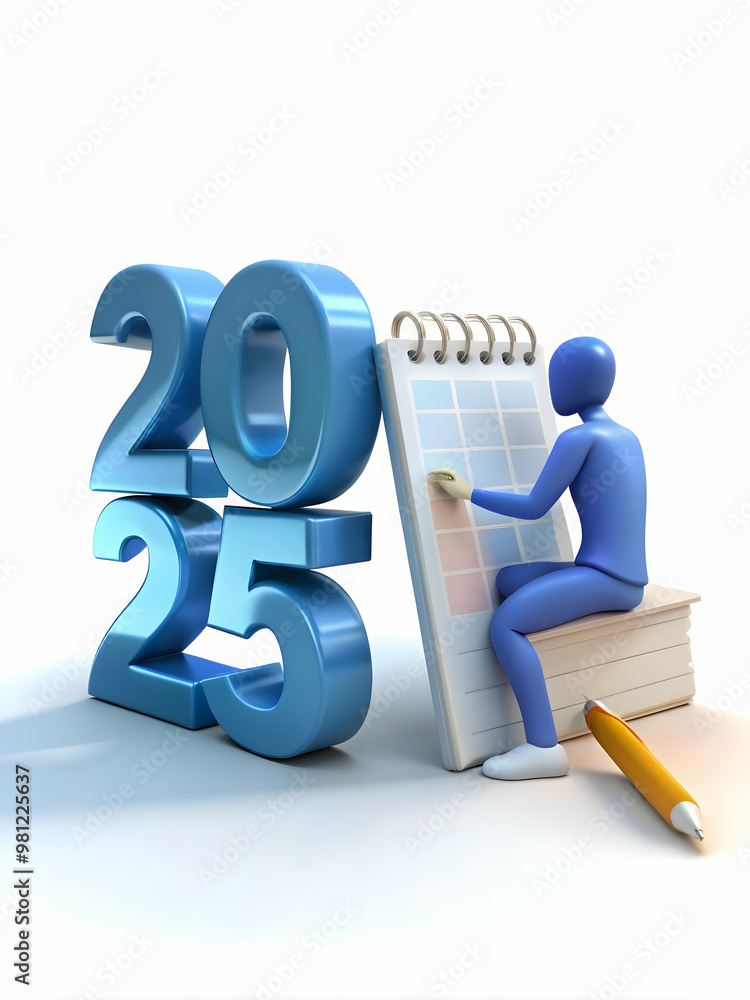 3D Icon of Individual Reflecting on 2025 Goals in Calendar - Motivational Introspection Concept Photograph on Isolated White Background 3D Icon of Individual Reflecting on 2025 Goals in Calendar - Motivational Introspection Concept Photograph on Isolated White Background