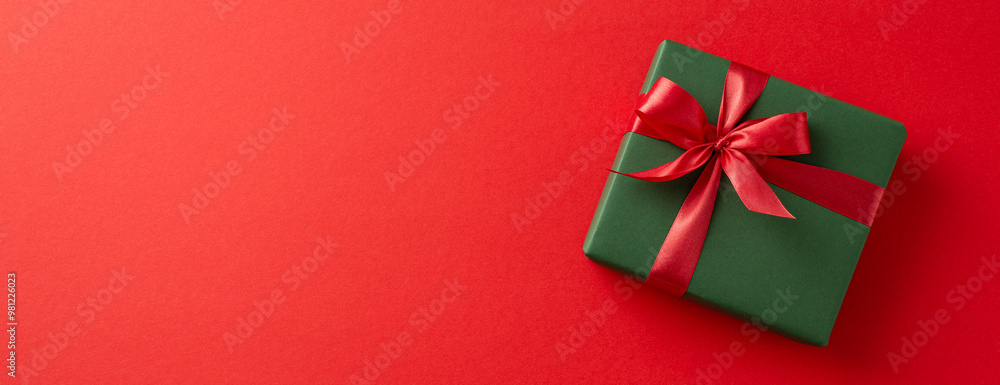 Green gift box wrapped with a red ribbon, placed on a red background, highlighting holiday celebration themes Green gift box wrapped with a red ribbon, placed on a red background, highlighting holiday celebration themes