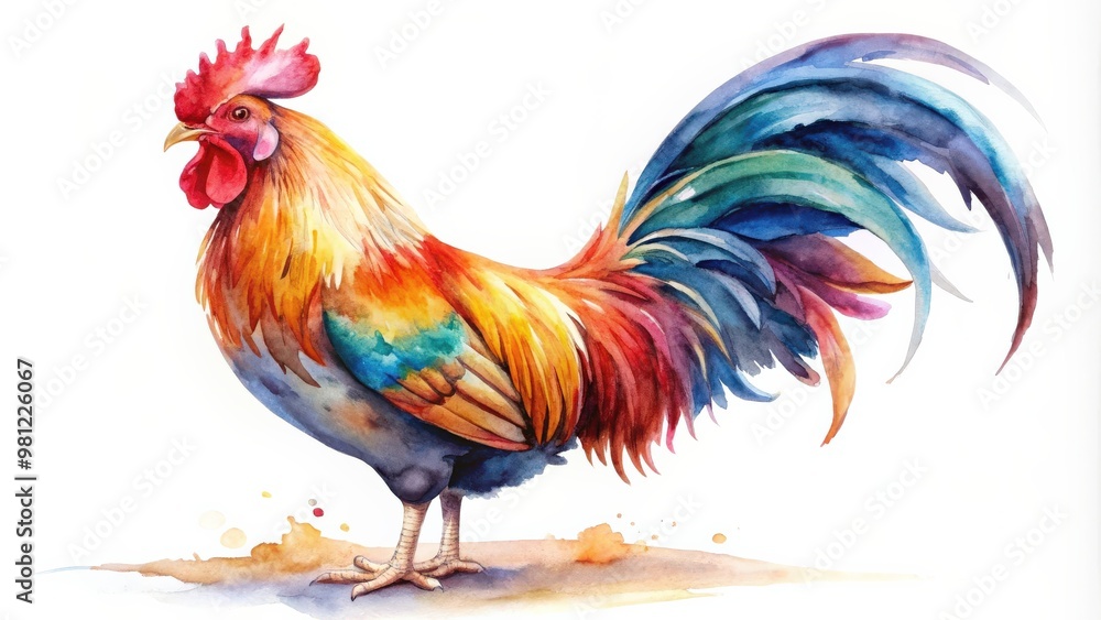 Fototapeta premium Watercolor of a colorful rooster on a white background, rooster, watercolor,bird, farm animal, feathers, vibrant, colorful, painting