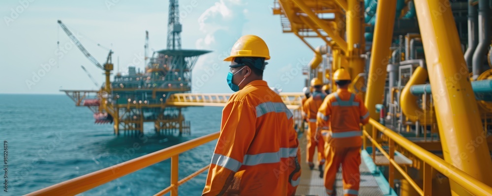 Engineers in protective gear standing on an offshore oil platform with lighting in the background. Engineers in protective gear standing on an offshore oil platform with lighting in the background.