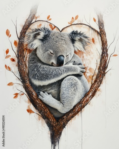 A koala bear sleeping peacefully in a tree shaped like a heart. photo