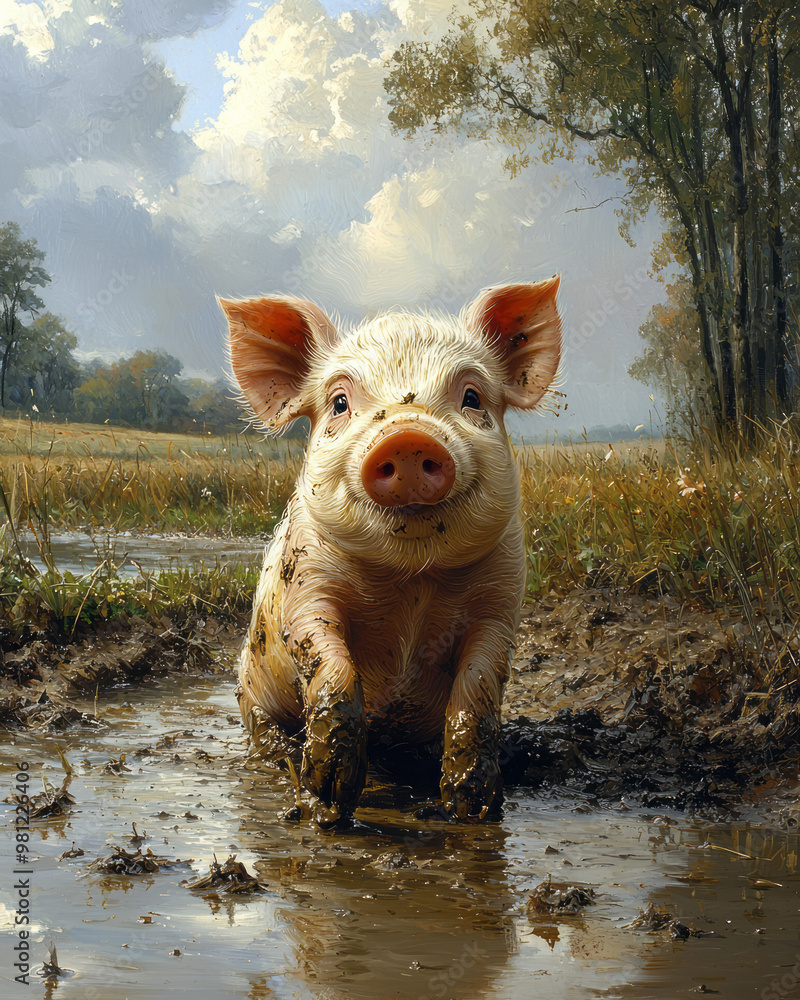 A piglet rolling in the mud near a small pond, with tall trees and an open field in the background, A piglet rolling in the mud near a small pond, with tall trees and an open field in the background,