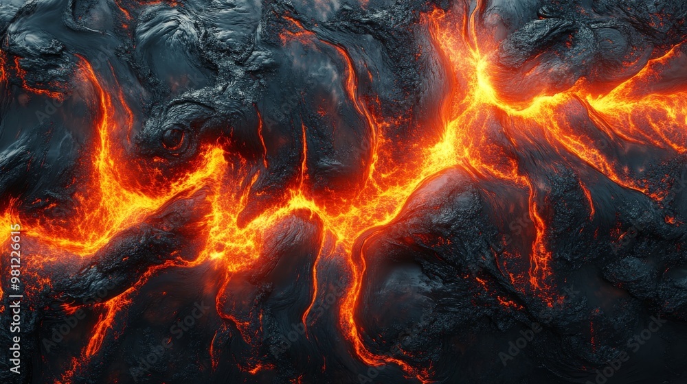 Fototapeta premium Molten Lava Flowing Across a Dark, Rough Surface