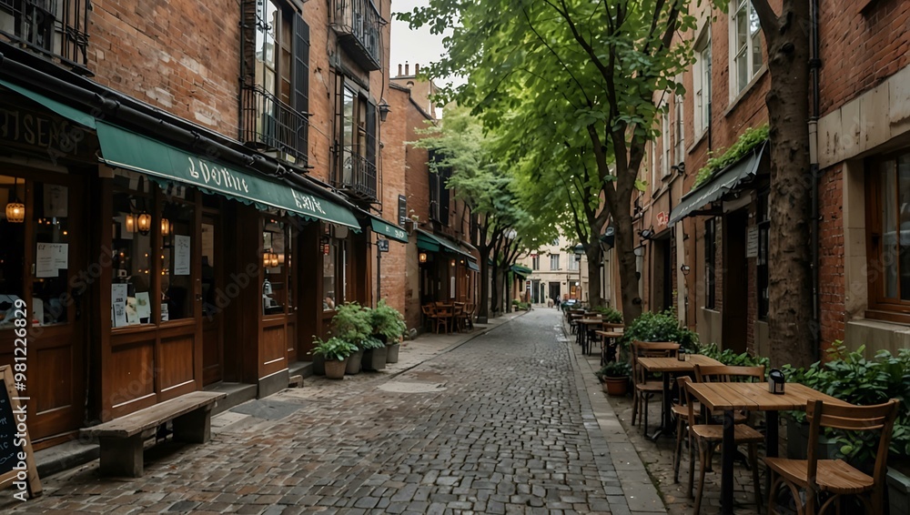 Charming alleyway lined with trees and cafes in the city. Charming alleyway lined with trees and cafes in the city.