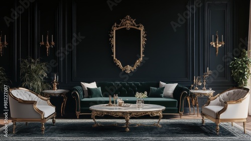 Interior Luxury Living Room with Emerald Velvet Sofa, Black Wall, and Gold Accents photo