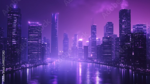 Wallpaper Mural A captivating city skyline illuminated in vibrant purple hues, reflecting beautifully on the water at night. Torontodigital.ca