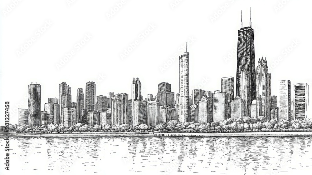 Fototapeta premium A detailed pen and ink sketch of a city skyline.