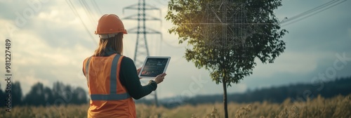 A female engineer in an orange vest and helmet inspects power lines with a laptop in a rural field during sunset.