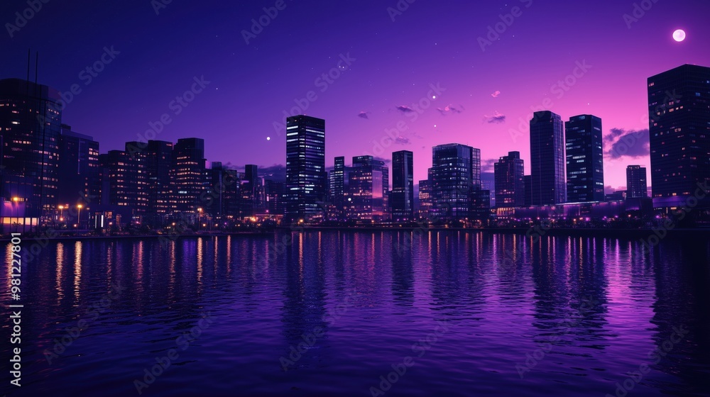 Fototapeta premium A stunning skyline view at dusk, showcasing modern buildings reflecting in serene waters under a vibrant purple sky.