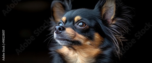 Closeup Portrait of a Black and Tan Chihuahua Dog Looking Up
