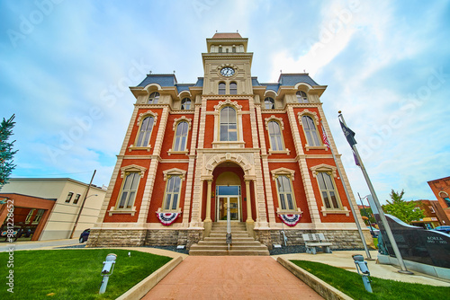 Historic Defiance County Courthouse with Clock Tower Low Angle View