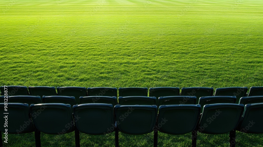 Fototapeta premium Empty stadium seats with a clear view of the green field in the foreground ready for sports events or public gatherings