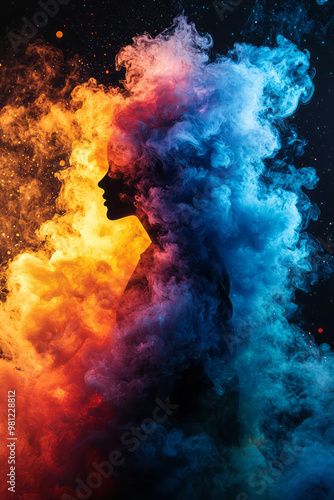 A silhouette of a person with their body dissipating into a vibrant cloud of multicolored smoke, as if they are being absorbed into the atmosphere,