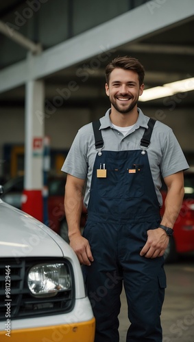 Cheerful mechanic ready to assist at a busy service station.