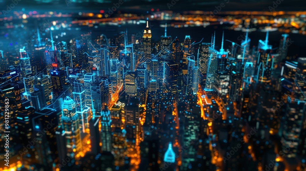 Obraz premium Futuristic cityscape at night with glowing neon lights and digital data streams, aerial view 