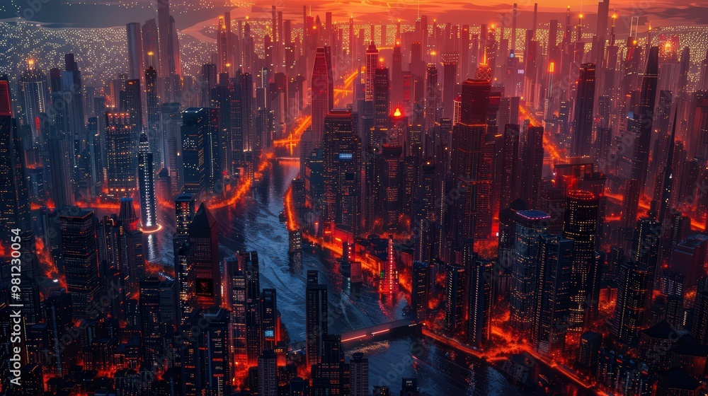 Futuristic cityscape at night with glowing neon lights and digital data streams, aerial view Futuristic cityscape at night with glowing neon lights and digital data streams, aerial view
