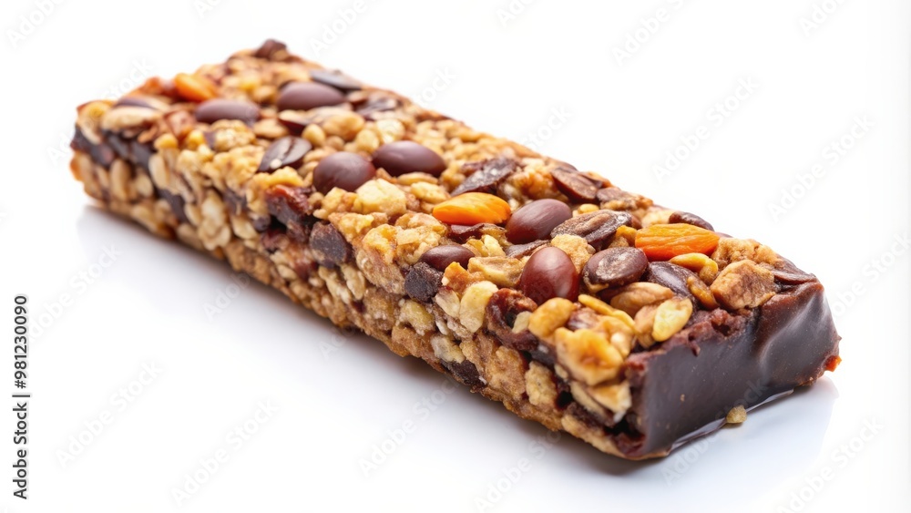 Muesli cereal bar with chocolate isolated on white background , healthy, snack, granola, oats, dark chocolate, breakfast, energy Muesli cereal bar with chocolate isolated on white background , healthy, snack, granola, oats, dark chocolate, breakfast, energy