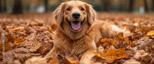 Golden Retriever Dog in Autumn Leaves