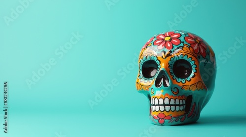 A clean, modern sugar skull with minimal decoration on a flat, solid background, creating room for text around it.