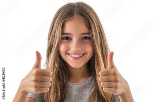 Portrait of a beautiful and confident girl showing thumbs up isolated one white photo