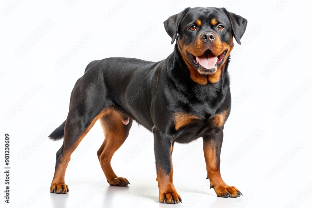 Adorable rottweiler stands proudly on a pristine white background, showcasing its muscular build, shiny coat, and sweet facial expression, exuding innocence and playful charm. Adorable rottweiler stands proudly on a pristine white background, showcasing its muscular build, shiny coat, and sweet facial expression, exuding innocence and playful charm.