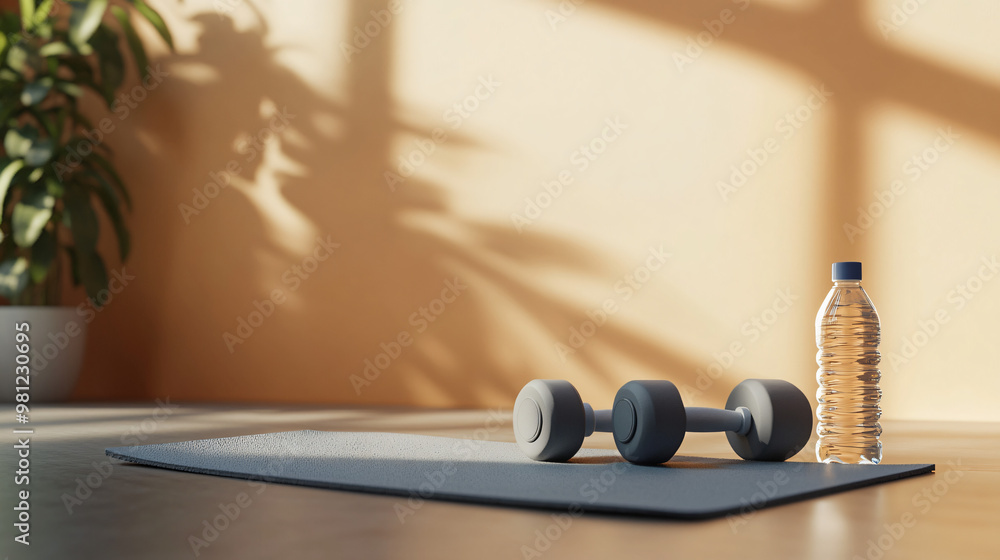 Obraz premium Embracing a healthy lifestyle through exercise: getting ready for a workout with dumbbells and a water bottle on a mat