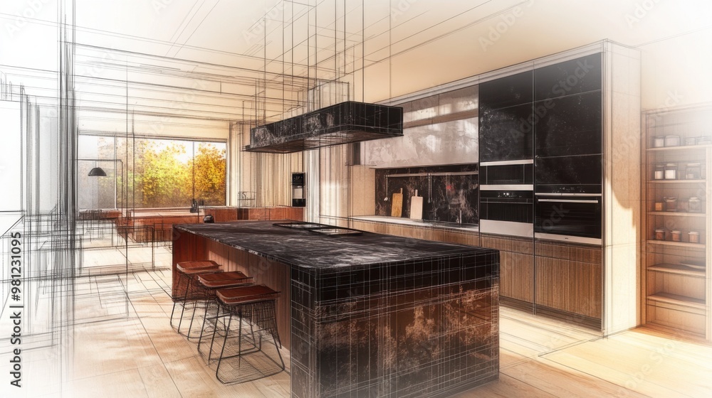 An abstract sketch design of an interior kitchen rendered in 3D An abstract sketch design of an interior kitchen rendered in 3D