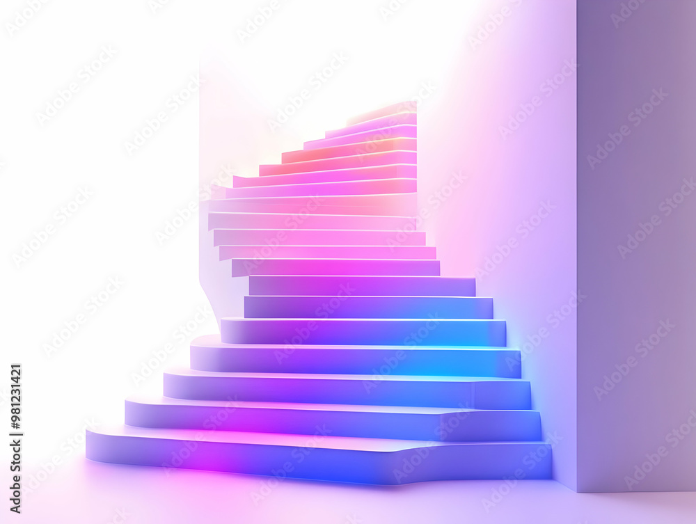 Flat Holographic White Staircase Leading to a Glowing Door Concept: Symbolizing Personal Growth & Self-Improvement Journey in Vector Illustration Flat Holographic White Staircase Leading to a Glowing Door Concept: Symbolizing Personal Growth & Self-Improvement Journey in Vector Illustration