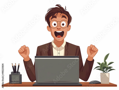 Excited Politician�s Reaction to Fundraising Call Success | Close-Up of Thrilling Campaign Finance Moment | Simple Flat Vector Illustration photo