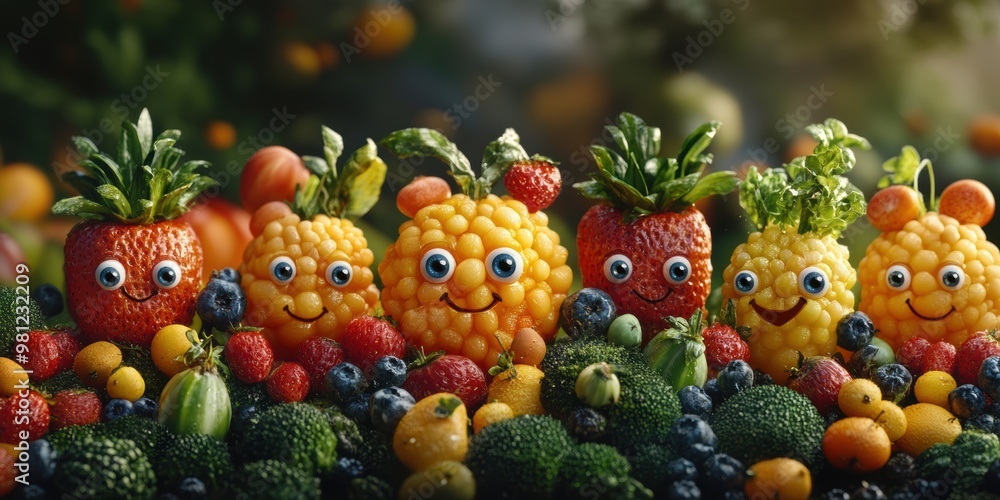 The whimsical city streets where lively fruits with faces add charm and excitement to everyday life The whimsical city streets where lively fruits with faces add charm and excitement to everyday life