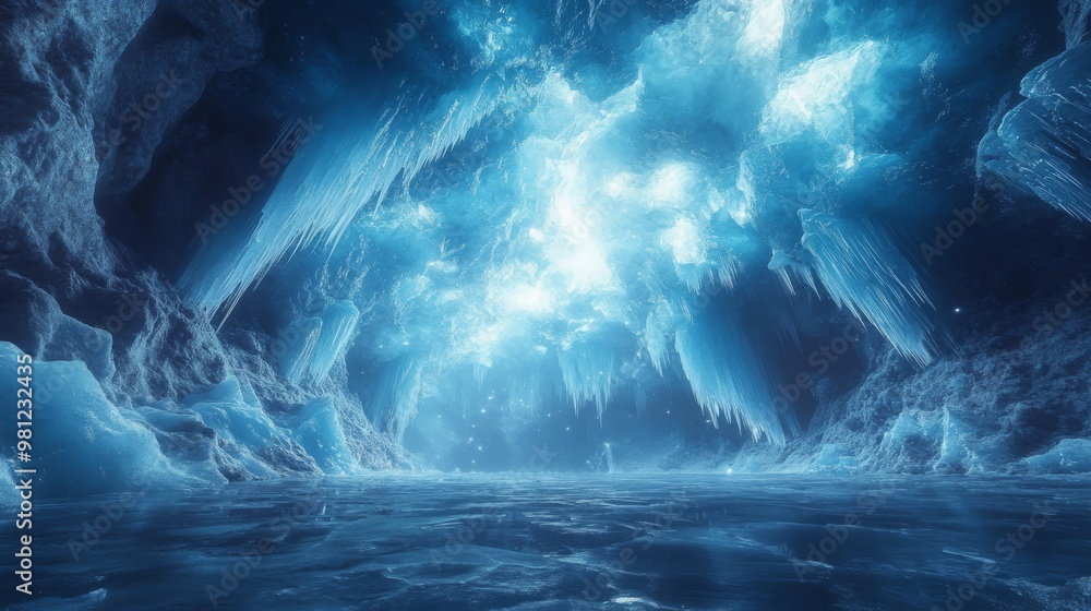 Fototapeta premium A Glowing Blue Ice Cave With Icicle Formations
